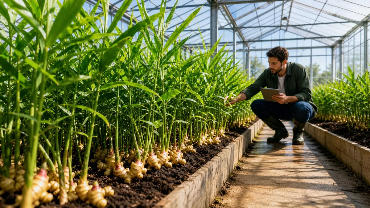 A person harvesting fresh ginger rhizomes from a soil bed inside a greenhouse.