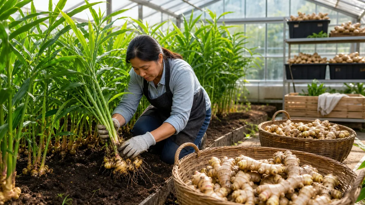 A person inspecting ginger plants inside a greenhouse for pests and diseases.