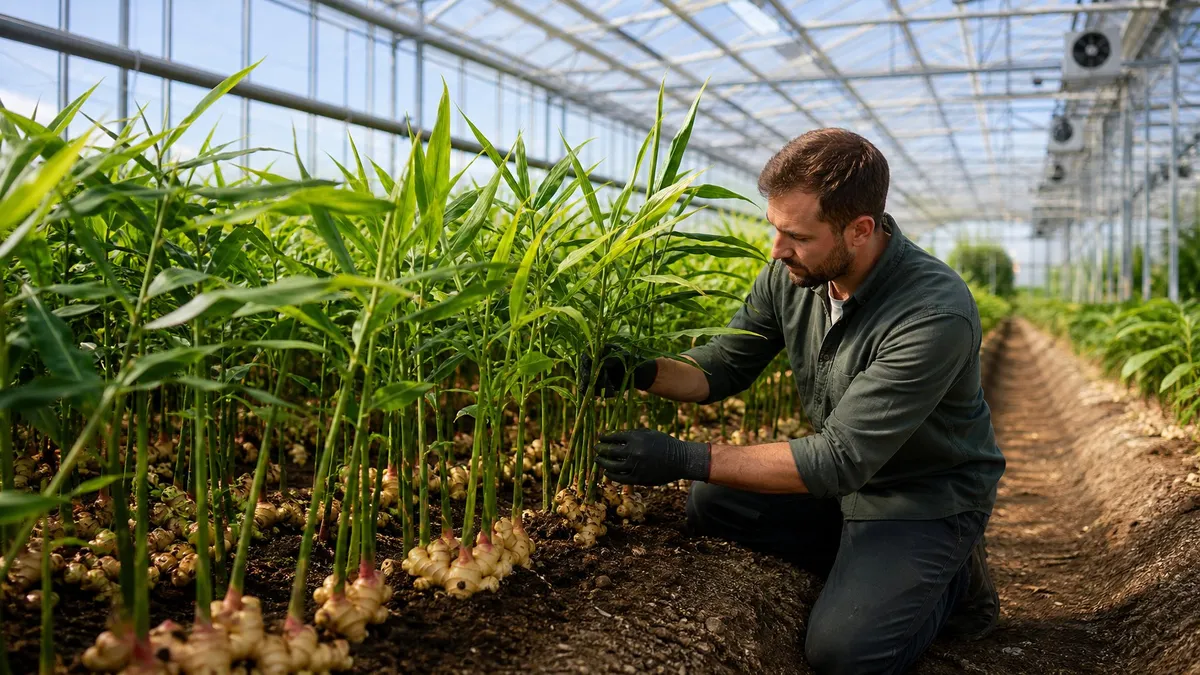 Rows of healthy ginger plants growing inside a glass greenhouse.