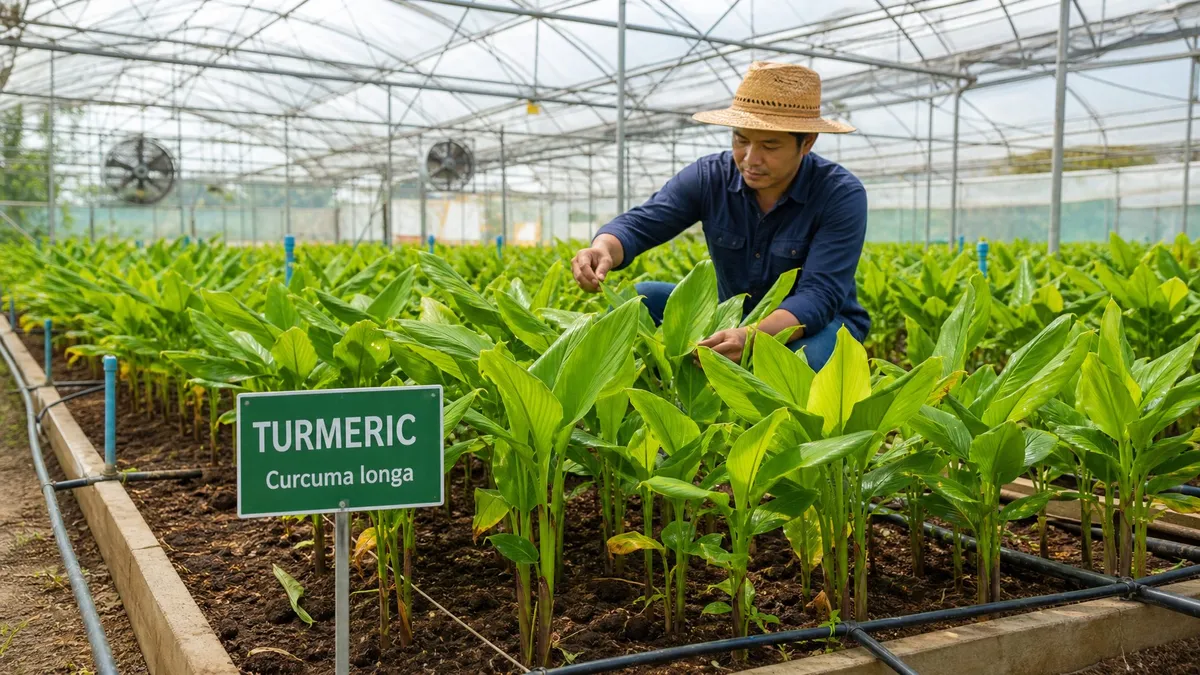 A greenhouse interior with healthy turmeric plants growing in rows and a gardener inspecting them.