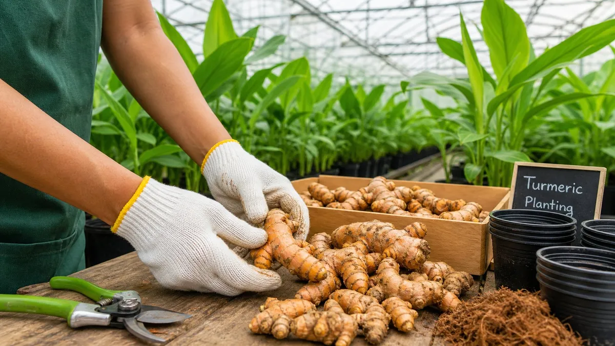 Hands selecting turmeric rhizomes for planting inside a greenhouse with turmeric plants growing in the background.