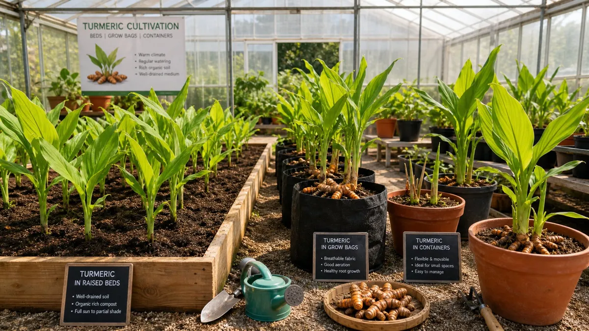 Greenhouse interior showing turmeric plants growing in raised beds, grow bags, and containers with natural sunlight.