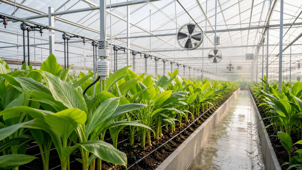 Greenhouse interior with healthy turmeric plants growing, showing temperature control devices, irrigation systems, and ventilation fans.