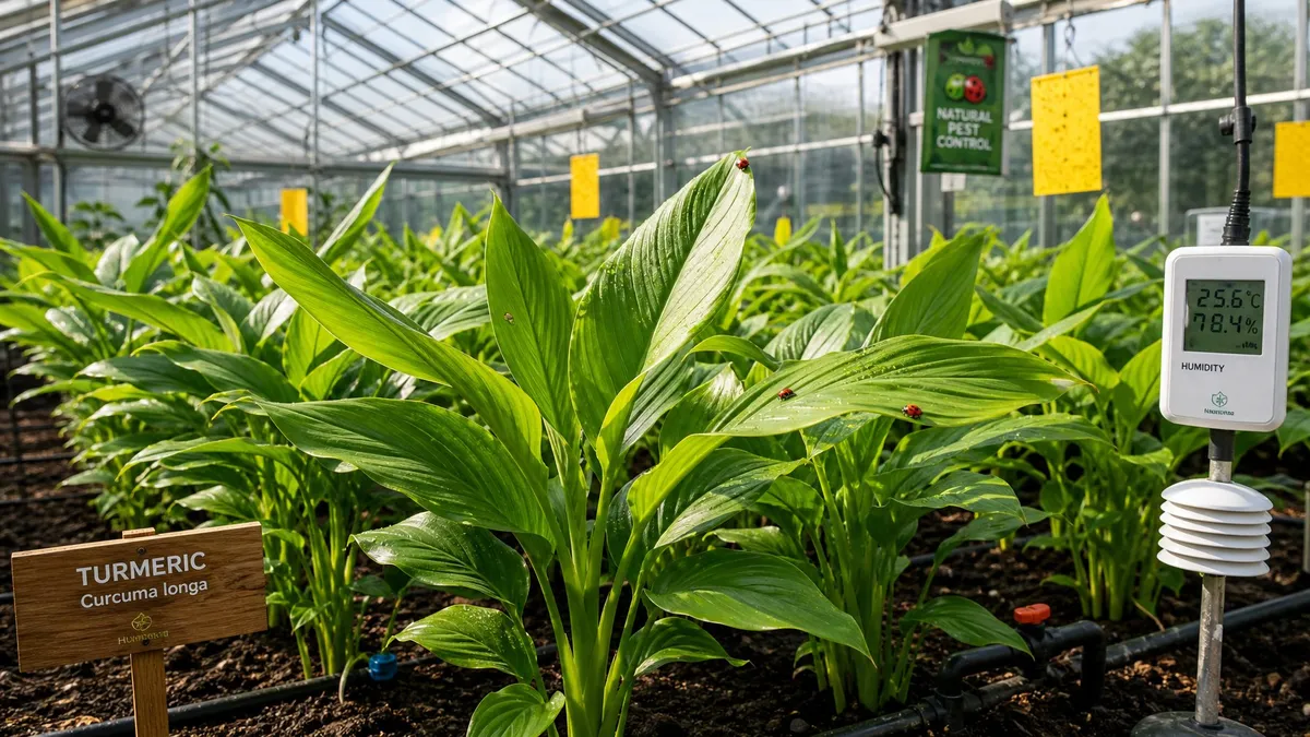 Greenhouse interior with healthy turmeric plants growing in rows under natural light, showing signs of pest management and seasonal care.