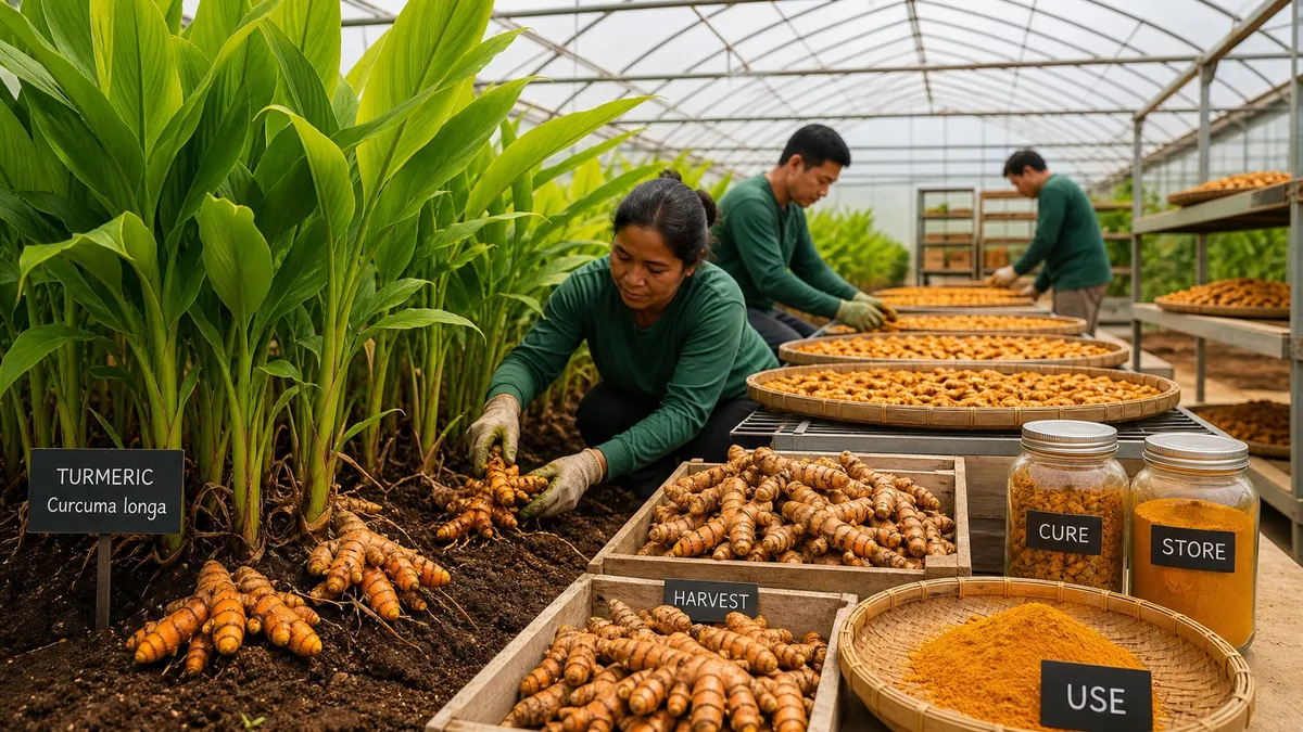 Turmeric plants growing in a greenhouse with workers harvesting and processing the turmeric roots.