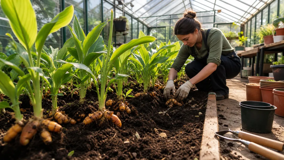 Rows of turmeric plants growing inside a greenhouse with a person tending to them.