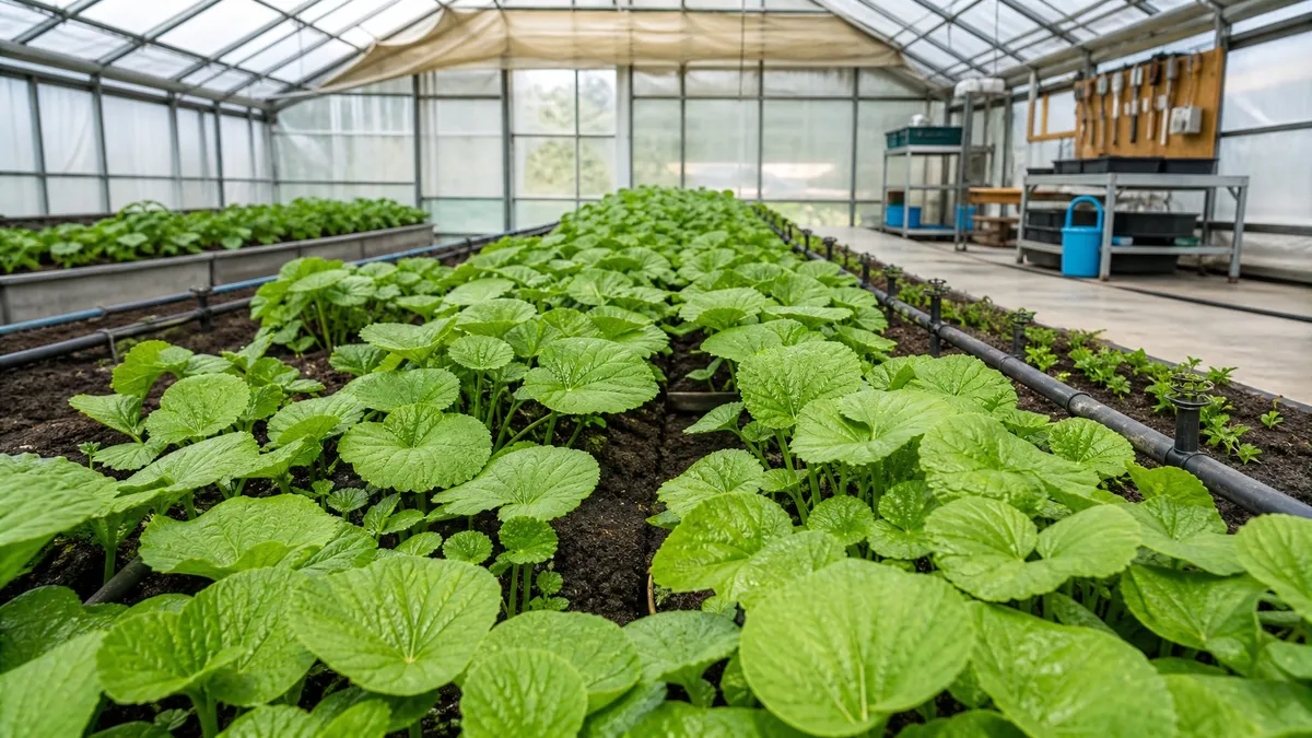 Rows of healthy wasabi plants growing inside a greenhouse with visible soil beds and irrigation systems.
