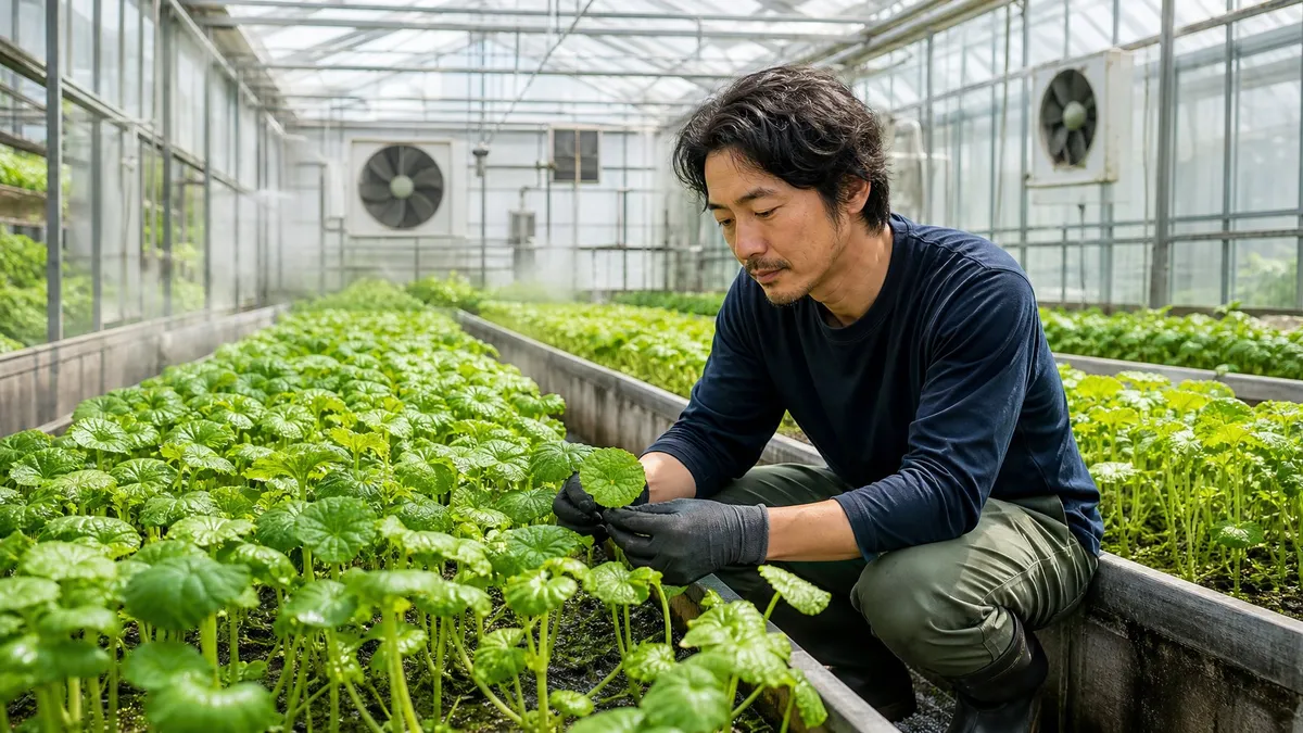 A gardener inspecting healthy wasabi plants growing inside a bright greenhouse with glass walls and metal framework.