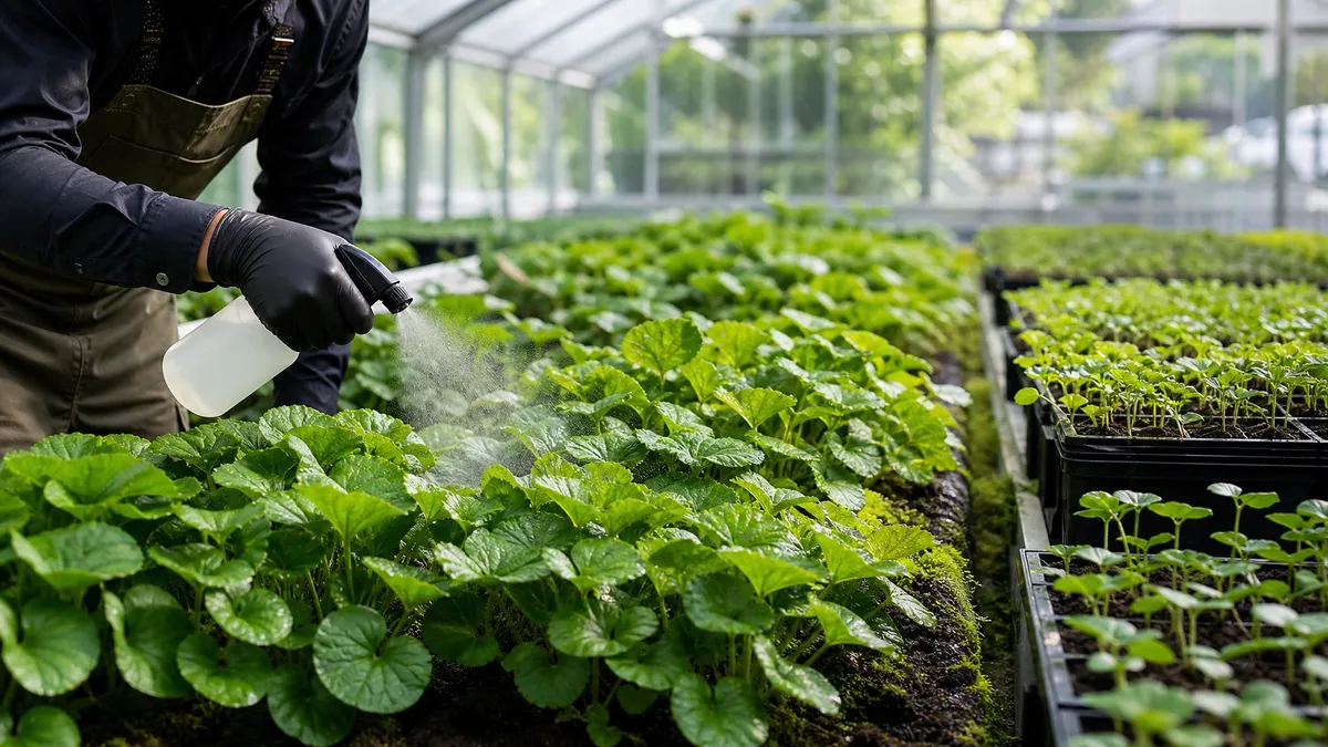 Greenhouse interior with rows of wasabi plants being watered by a gardener, showing young seedlings in trays and healthy green foliage.