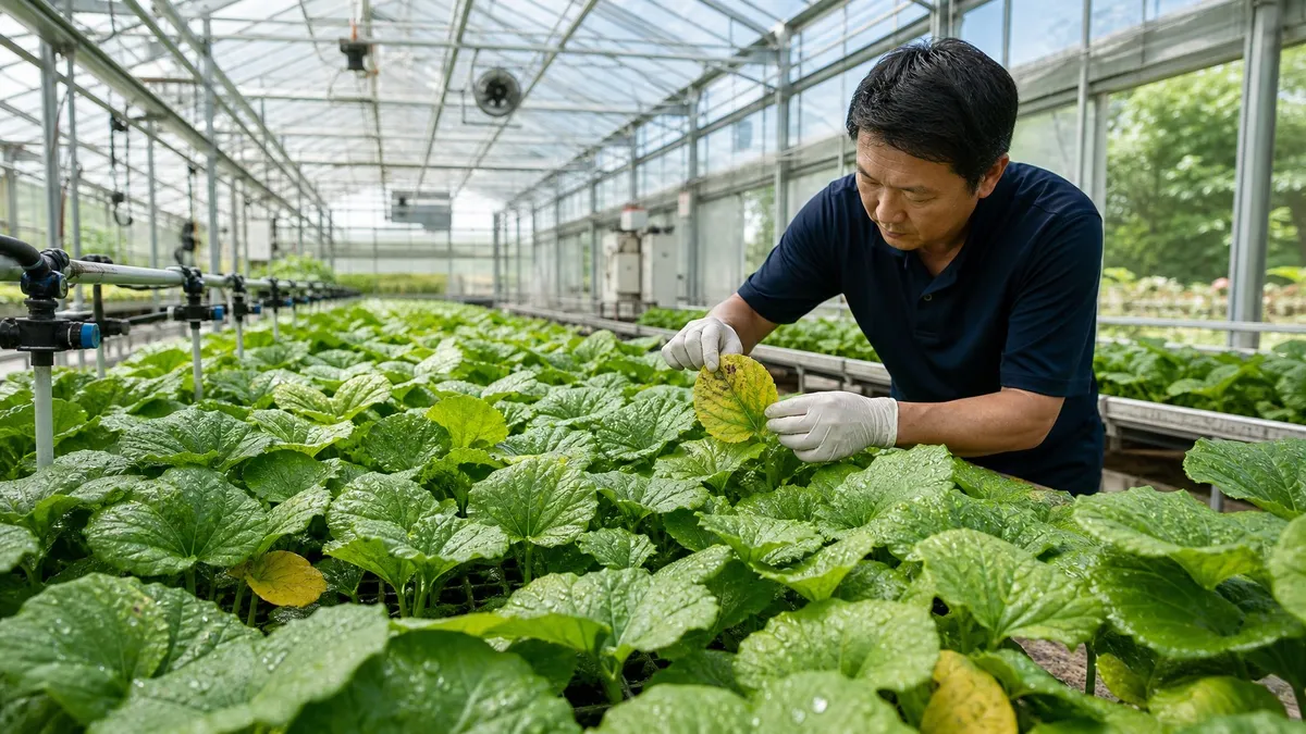 Greenhouse interior with rows of healthy wasabi plants and a gardener inspecting them.