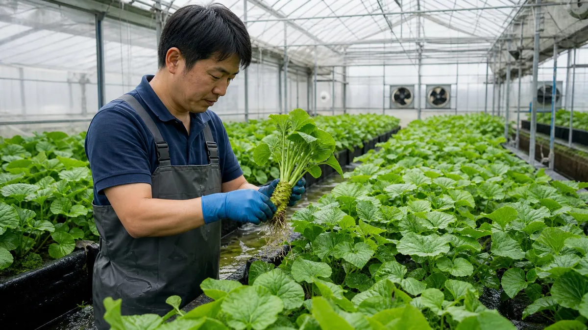 A person harvesting healthy wasabi plants inside a bright greenhouse with rows of green wasabi leaves.