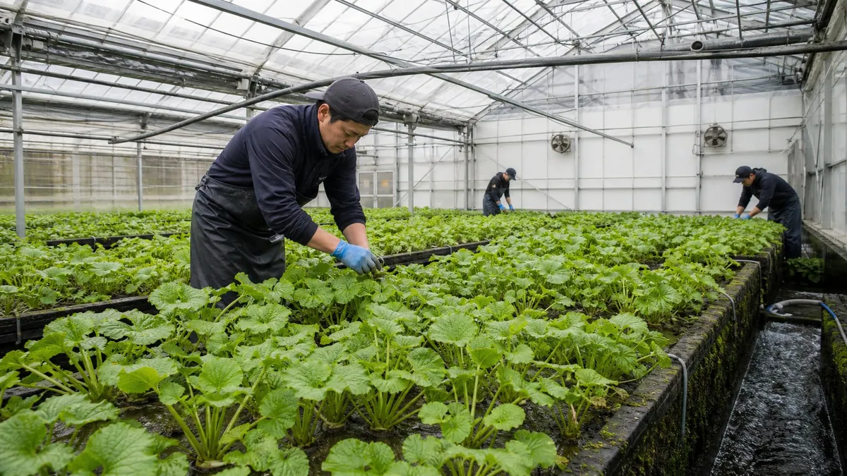 A greenhouse with rows of green wasabi plants being tended by workers in a controlled agricultural environment.