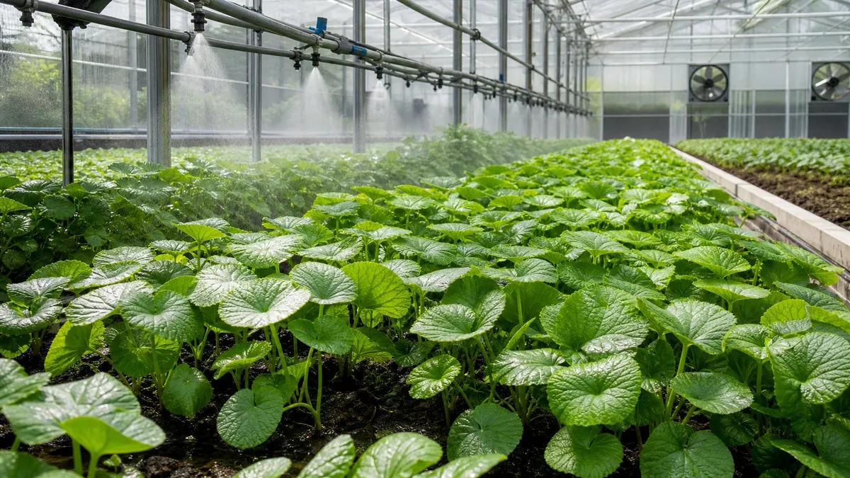 Greenhouse interior with rows of healthy wasabi plants growing under natural light.