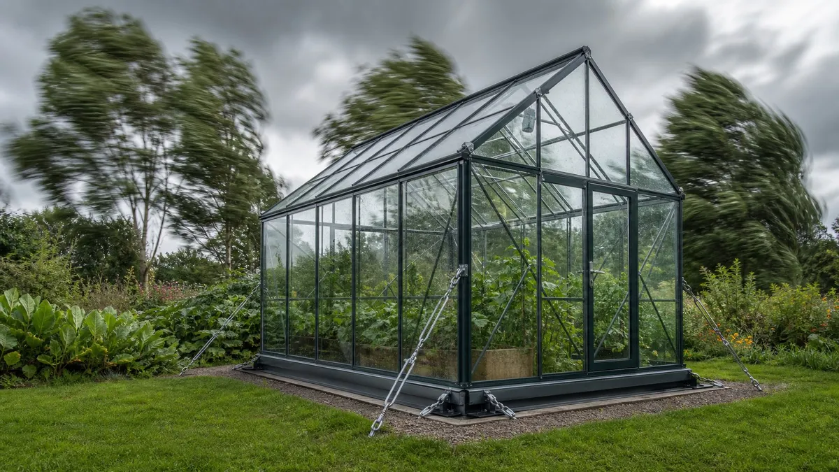 A gardener selecting a well-protected site for a new greenhouse in a garden with natural windbreaks.