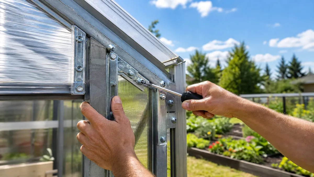 A greenhouse secured with reinforced framing and surrounded by windbreaks like shrubs and fencing on a clear sunny day.