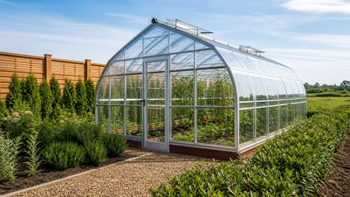 A person securing a greenhouse with braces and straps while dark storm clouds gather in the sky.