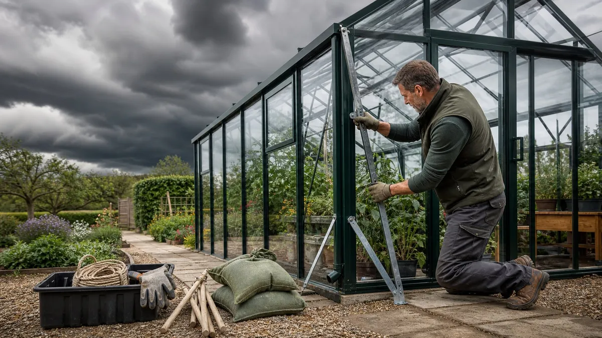 A greenhouse surrounded by protective barriers and plants to shield it from wind in a garden.