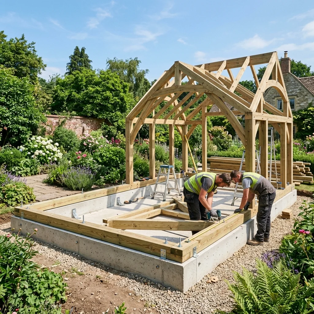 A premium wooden greenhouse under construction showing a concrete perimeter foundation