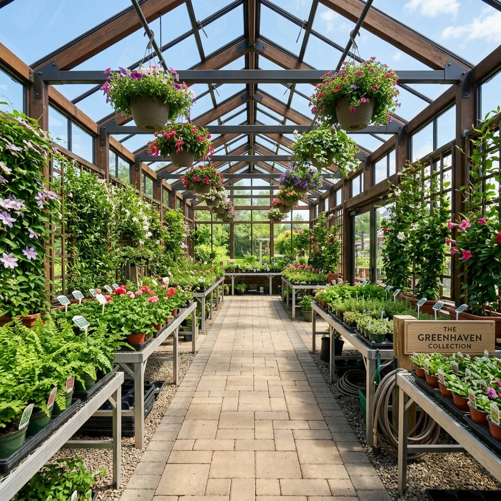 Lush interior view of a well-organized greenhouse displaying benched crops and a central path