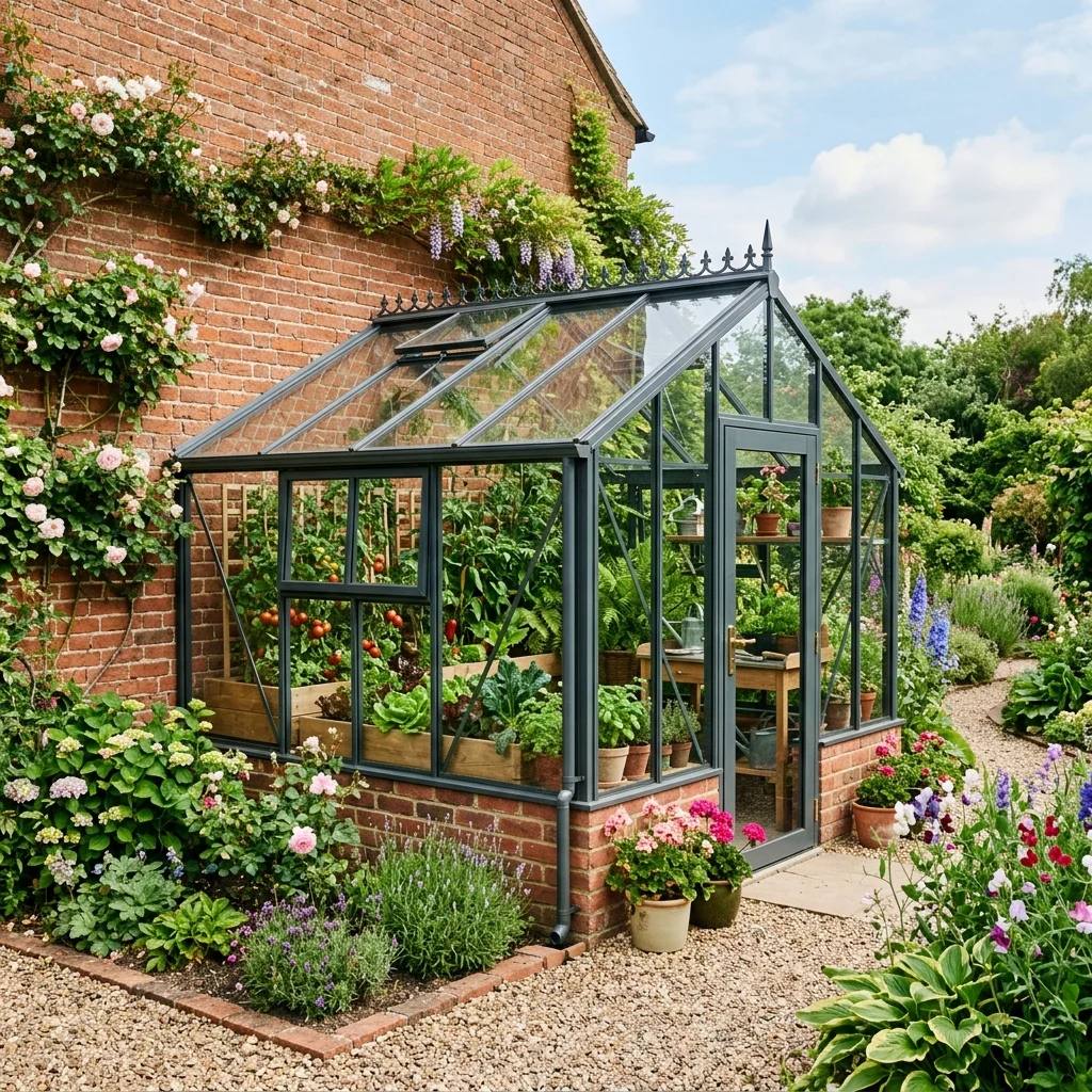 Lean-to greenhouse attached to a brick wall in a garden