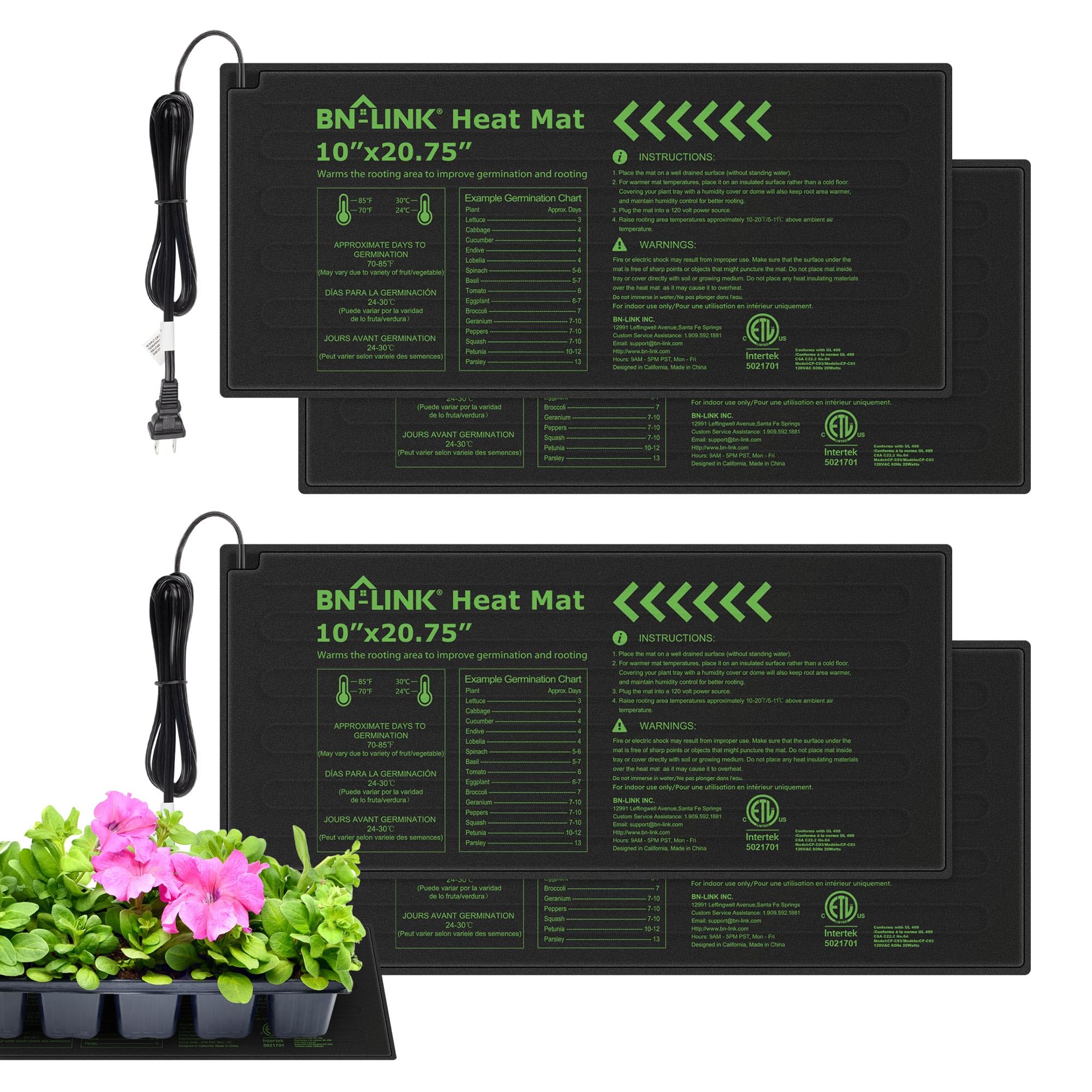 BN-LINK Durable Seedling Heat Mat Warm Hydroponic Heating Pad Waterproof 10" x 20.75" - 4 Pack for Seed Starting Greenhouse and Germination