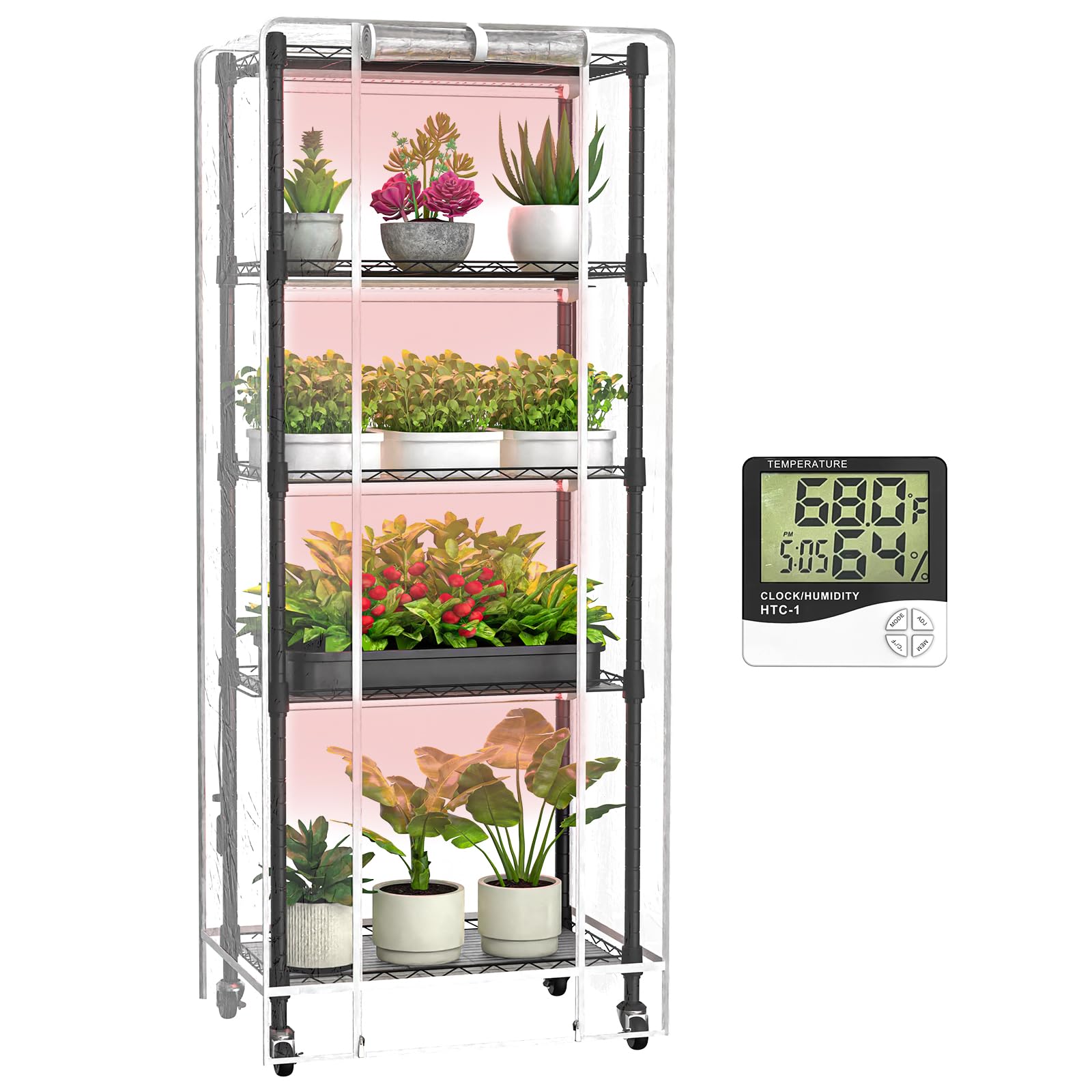 Indoor Greenhouse with Grow Lights, 5 Tier 23.2" L×13.4" W×61.4" H Mini Greenhouse, Grow Light Shelf with Tent and Thermometer, with 72W Full Spectrum Growing Lamps for Seed Starting