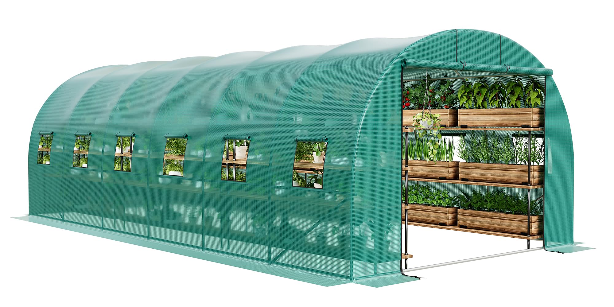 Walk-in Greenhouse Tunnel 20x10x6.5ft,Galvanized Steel Tunnel Greenhouse with Zippered Doors and Window,Garden Hot House for Home Gardening Seed Germination