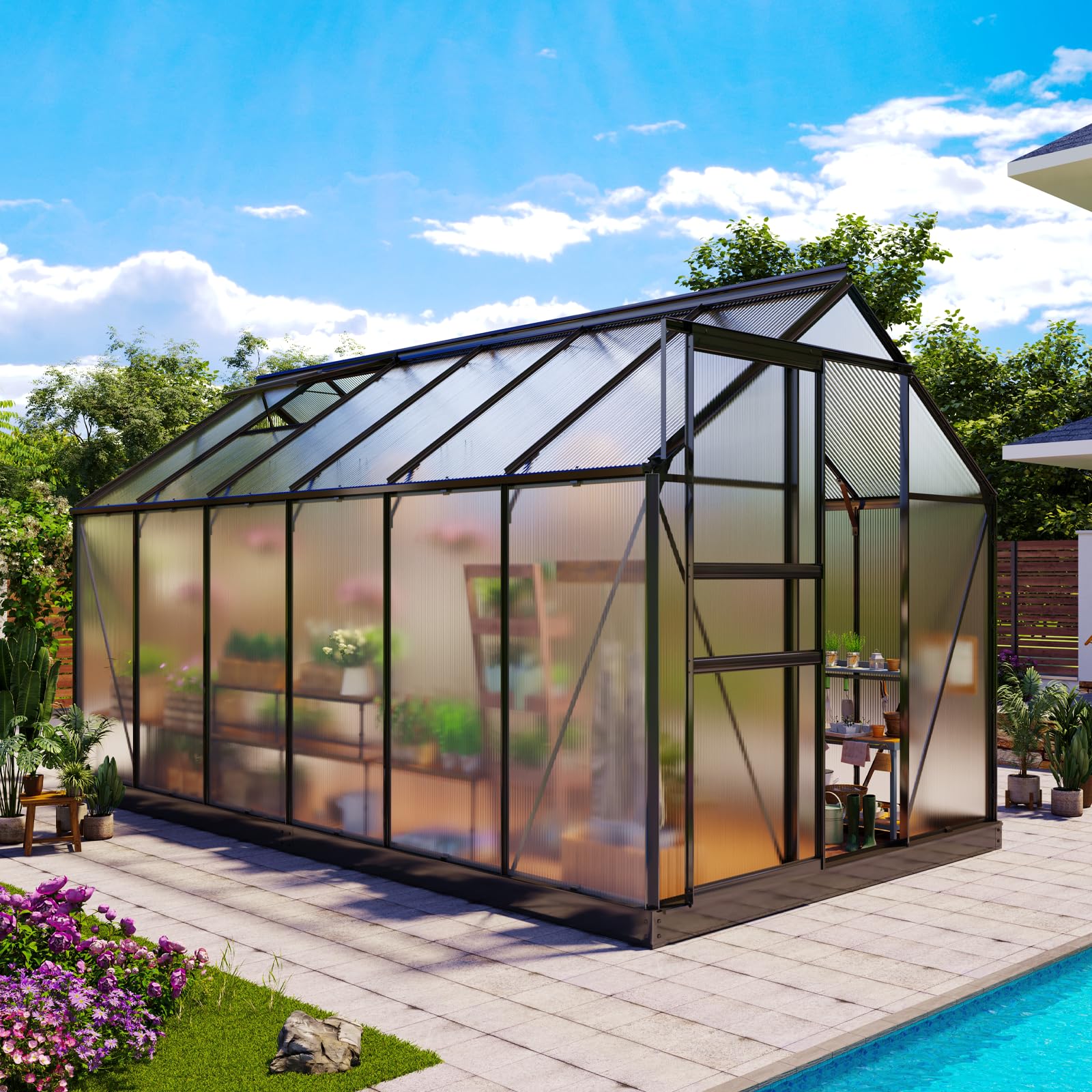 12x6ft Polycarbonate Greenhouse, Heavy Duty Walk-in Aluminum Greenhouse for Outdoors, with Ventilation Window, Sliding Door, Rain Gutter for Garden, Backyard